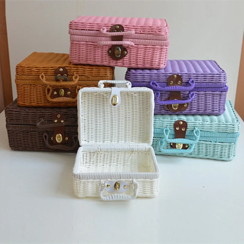 

Living Room Bedroom Organizer Storage Box Cosmetic imitation Rattan Retro Suitcase Woven Storage Rattan Jewelry Box Home Decor