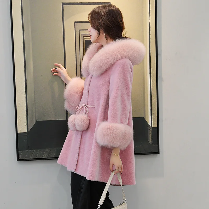 Новые Стрижки овец пальто с мехом для женщин средней длины подкладкой из лисьего