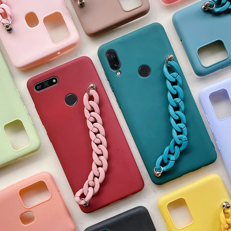 

Chain Wriststrap Bracelet Silicone Phone Case For Huawei y9 y7 y6 y5 prime pro y9prime 2019 2018 Candy Color Soft Tpu Back Cover