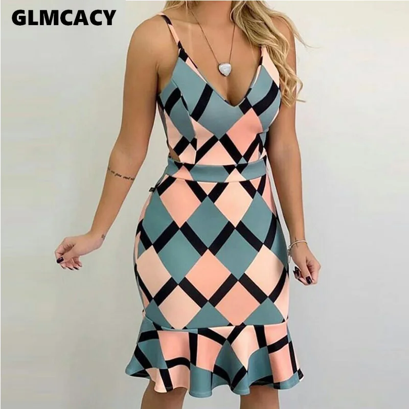 Women Spaghetti Strap Geo Print Ruffle Hem Bodycon V-neck Dress Casual Trumpet / Mermaid Sleeveless Above Knee Mini Dress - Цвет: Многоцветный