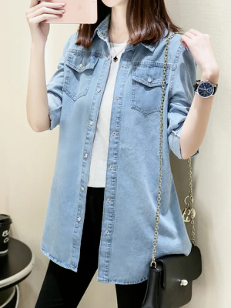 Новинка 2021 женская джинсовая рубашка из 100% хлопка с длинным рукавом Тонкая