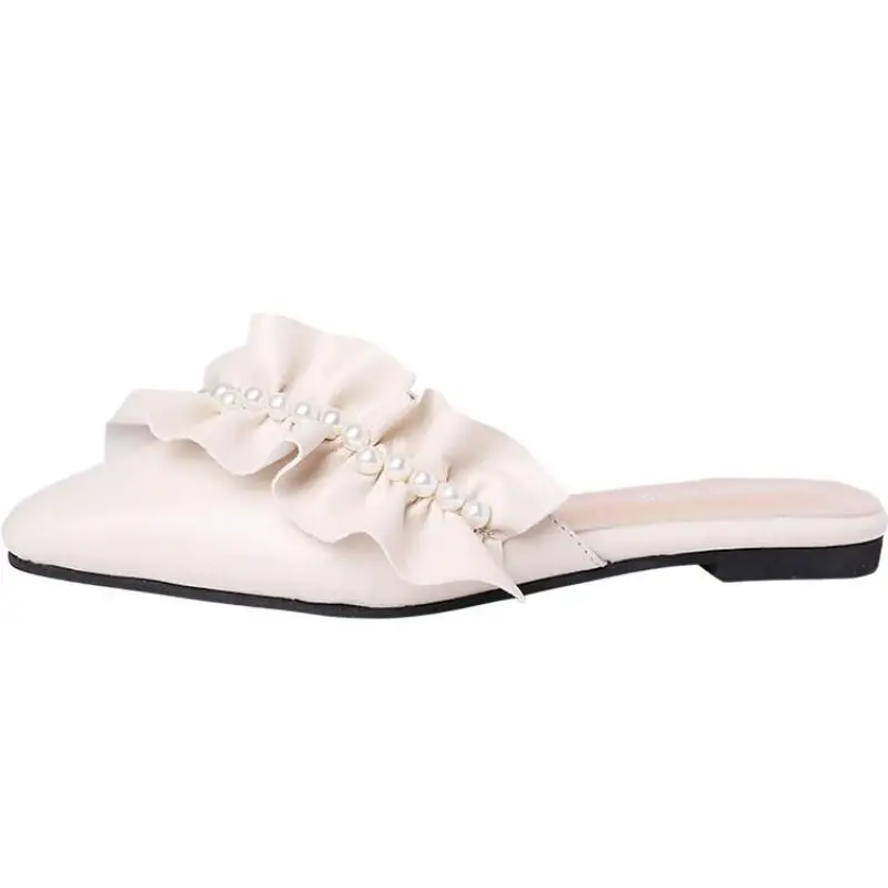 

Slippers Women Lace Slip On Slides Fashion Square Toe Shallow Flat Sandals Female Outdoor Pearl Slippers Flip Flop Lady Shoes