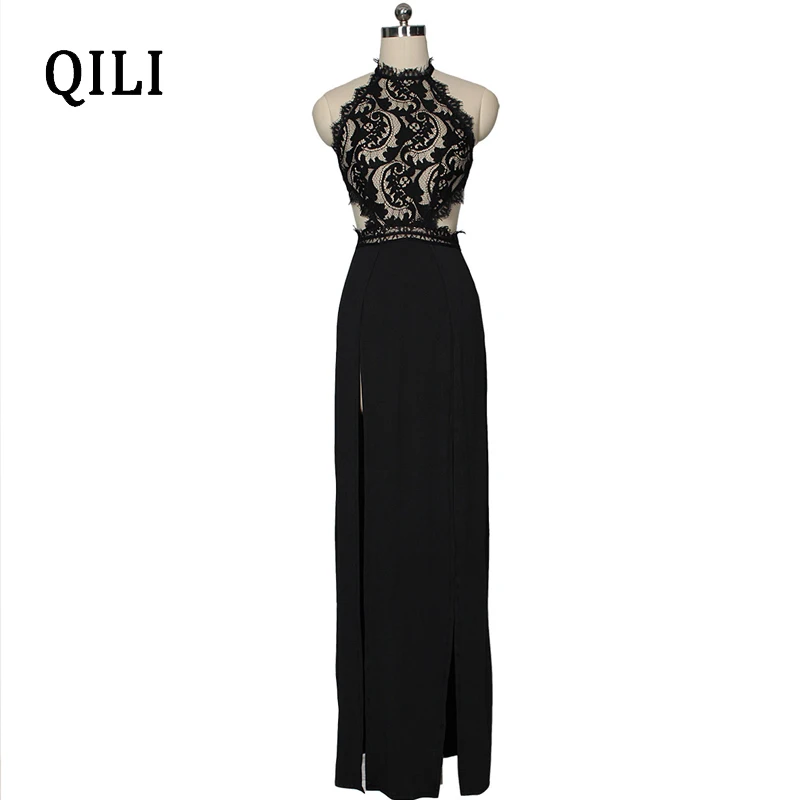 QILI Черное Красное Кружевное длинное платье макси для женщин с открытой спиной