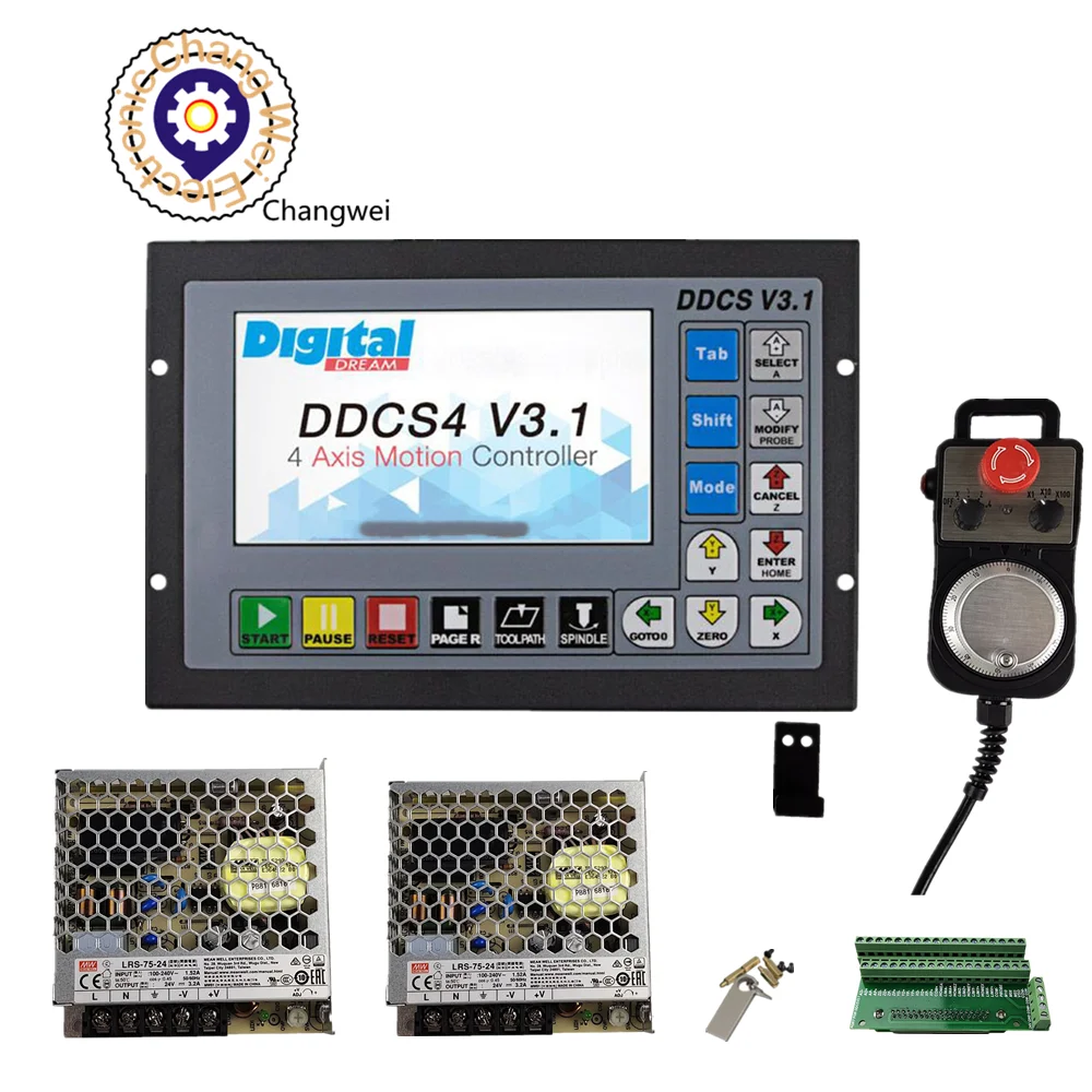 

DDCSV3.1 3/4 Axis 500KHz G-Code Offline CNC Controller +4 Axis Emergency Stop Electronic Handwheel MPG+2 pcs 75w power supply