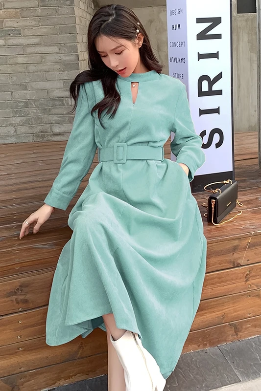 

2019 New Autumn Vintage Women dress Full Sleeve French Accept Waist Long Fairy Dresses Red Green 8891