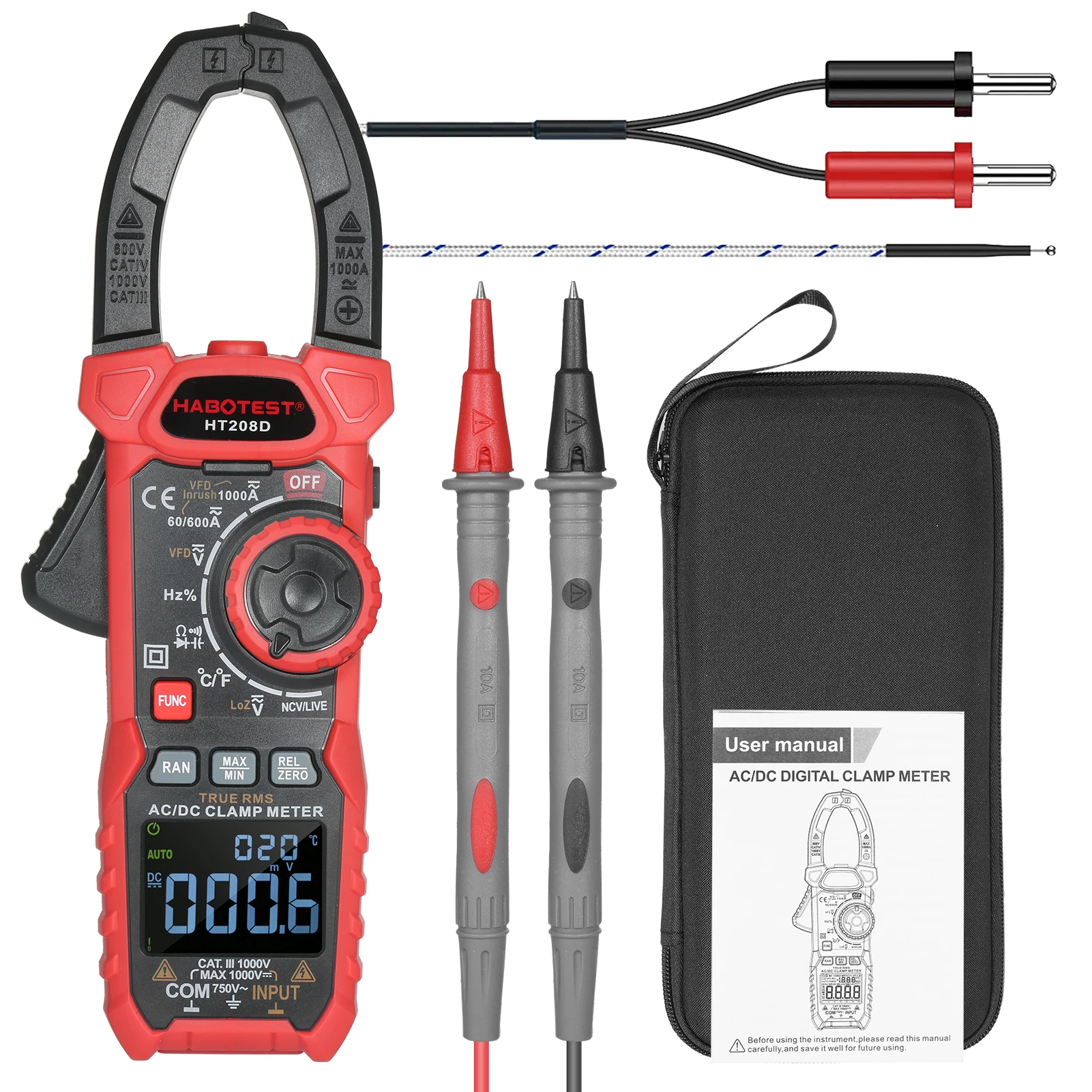 

HABOTEST HT208A HT208D AC Digital Clamp Meter Multimeter Anto-Ranging Multi Tester True RMS Capacitance NCV Ohm Tester