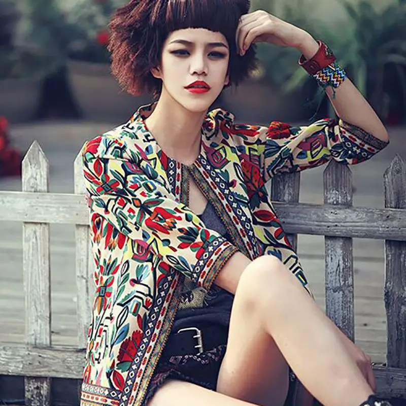 Куртка женская короткая с цветочным принтом модный офисный Кардиган длинным