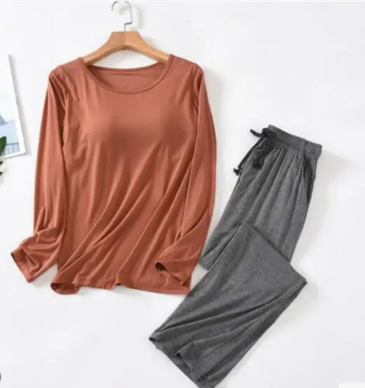 

#27664 Pajamas women spring and autumn two-piece solid color round neck long-sleeved home service