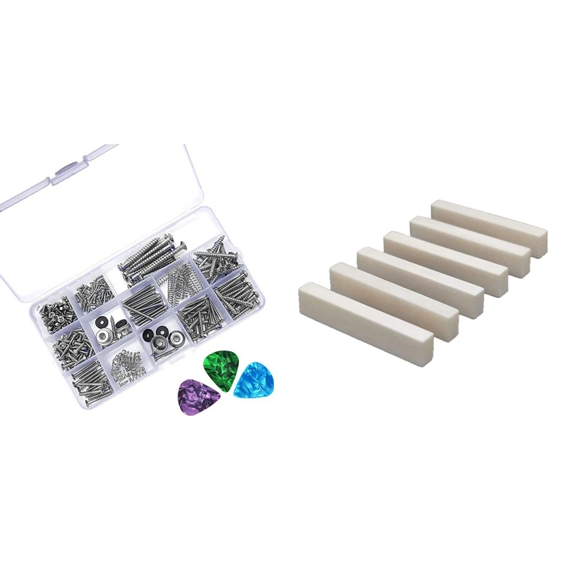 

1 Set Electric Guitar Screw Kit Sorting Box For Electric Guitar Bridges Pickups Tuners & 6Pcs Guitar Blank Bone Nut