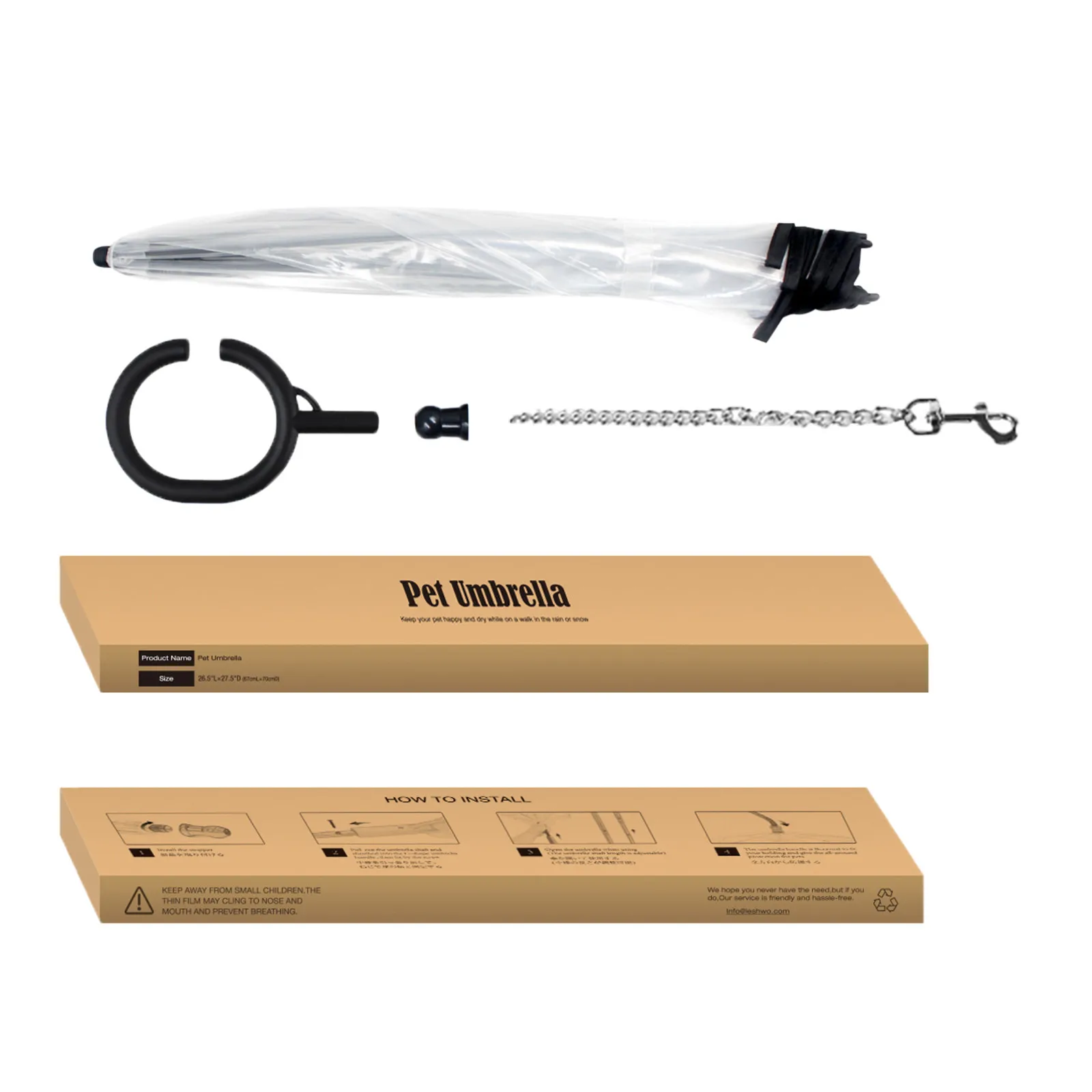 

C-shaped Telescopic Handle Transparent Adjustable Convenient Keeps Pet Dry in Rain Pet Umbrella with Dog Leash for Rain Walking