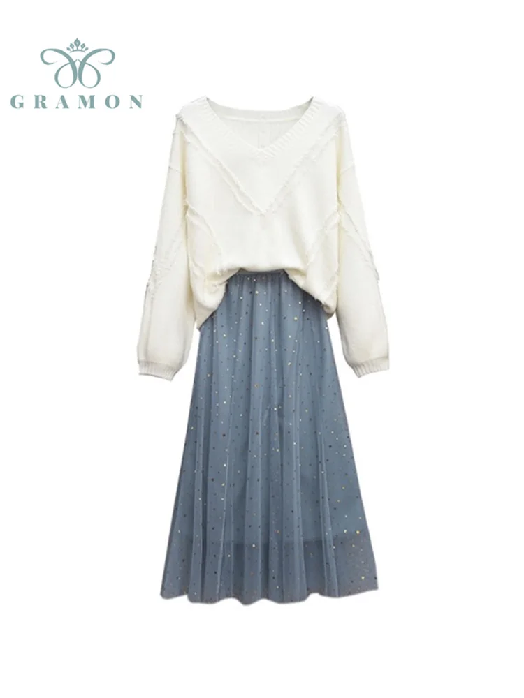 

Sweaters + Skirts Plus Size Two Piece Sets For Women 2021 Fall Winter Clothes White Knitted Sweater Blue Long Gauze Skirt Suits