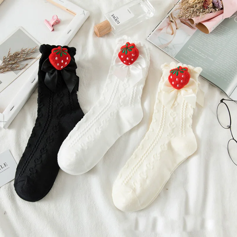 

Women's Lolita Socks Cute JK strawberry bow Girls Cotton Socks Kawaii bowknot detachable Stockings Spring Autumn High quality