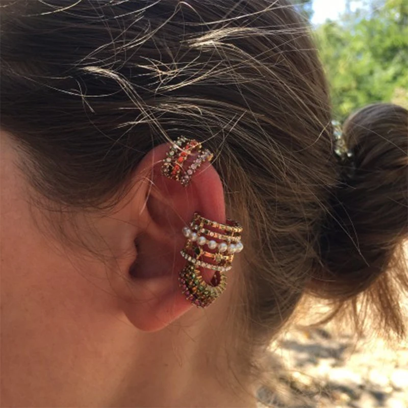 

2020 New Fashion Pearl Ear Cuff Bohemia Stackable C Shaped CZ Rhinestone Small Earcuffs Clip Earrings for Women Wedding Jewelry