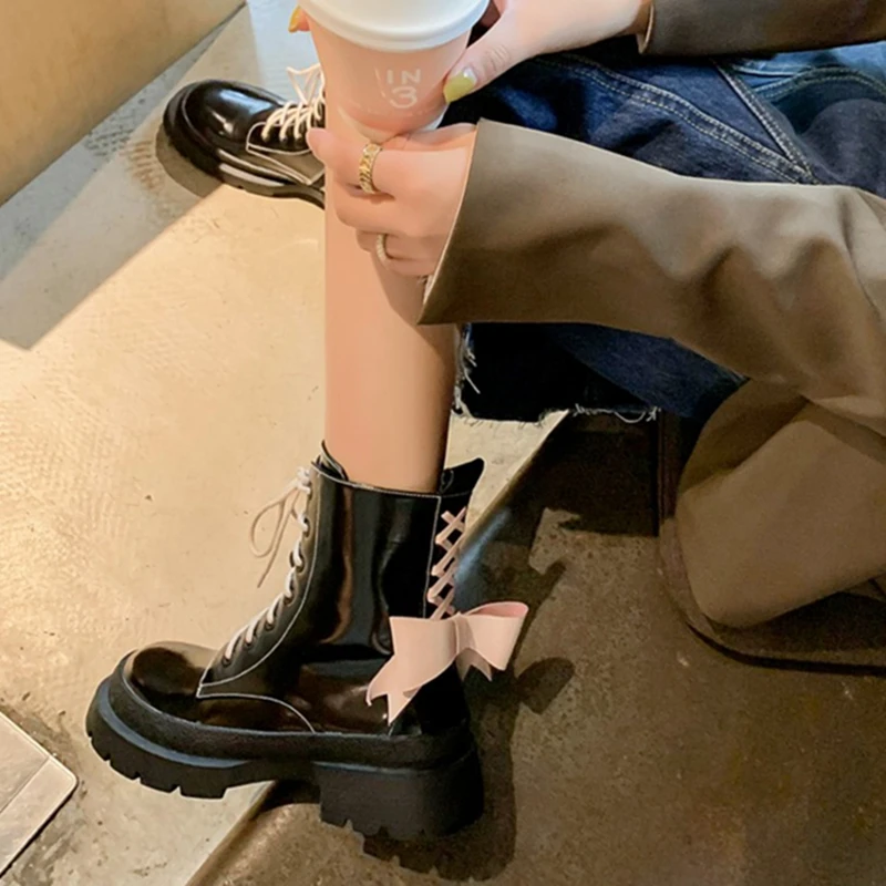 

New Fall Shoes Round Toe Platform Shoes Sweet Bow-knot Girl Shoes Womens Designer Boots Patent Leather Boots Women Cute Shoes