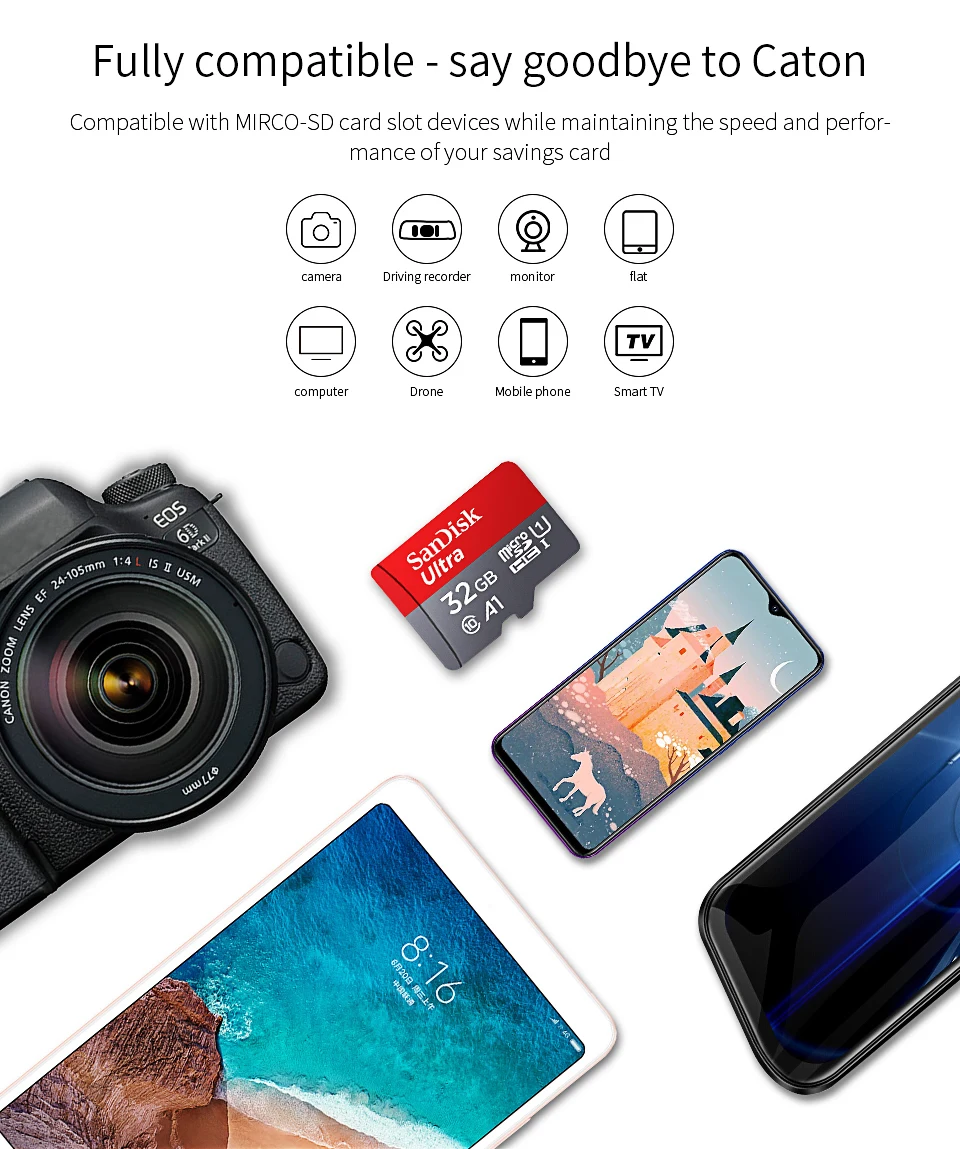 Двойной Флеш-накопитель SanDisk A1 micro sd слот для карт памяти 256 ГБ 128 Гб 64 ГБ 32 ГБ оперативной памяти, 16 Гб встроенной памяти, карта micro sd класса 10 400 Гб 100 МБ/с. карты памяти microsd карта флэш-карта TF мини-карты