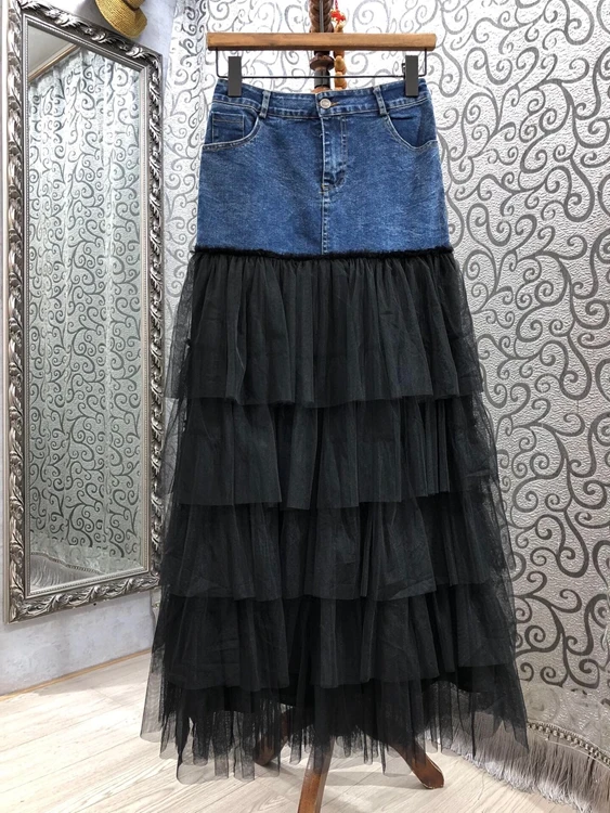 

2021 spring and summer new women's symmetrical pocket bottom mesh layer by layer splicing Denim Long Skirt 324