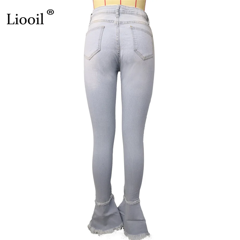 

Liooil Light Blue High Waist Ripped Flare Jeans With Pocket High Waist Sexy Skinny Trousers Womens Bell Bottoms Hole Denim Pants