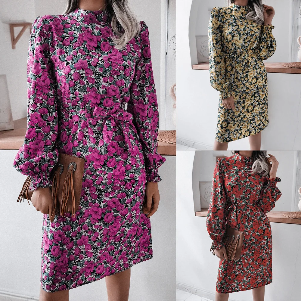 

Beach Style O-Neck Long Sleeve Straight Printing Zipper Mini Dress Women Vintage Auutumn Clothing Harujuku Girl Party Dress