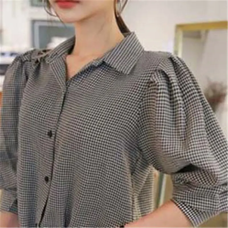 Alien Kitty 2020 Grey Plaid Sweet Stylish All-Match Loose Office Lady Casual Plus Size Vintage Chic Basic Blouses Retro Shirt |