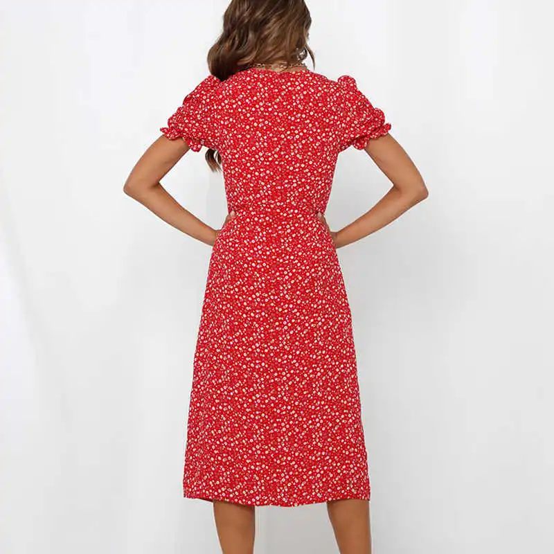 

Summer Dress Bohemian Floral Print Sexy Split Dress Women Puff Sleeve Midi Dress Female A-line Chic Party Dresses Vestidos