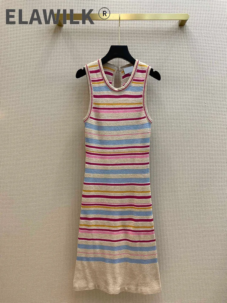 

Sweet Rainbow Striped Dress for Women Autumn 2021 Luxury Brand Top Quality O-neck Sleeveless Knitted Dress Slim Straight Dresses