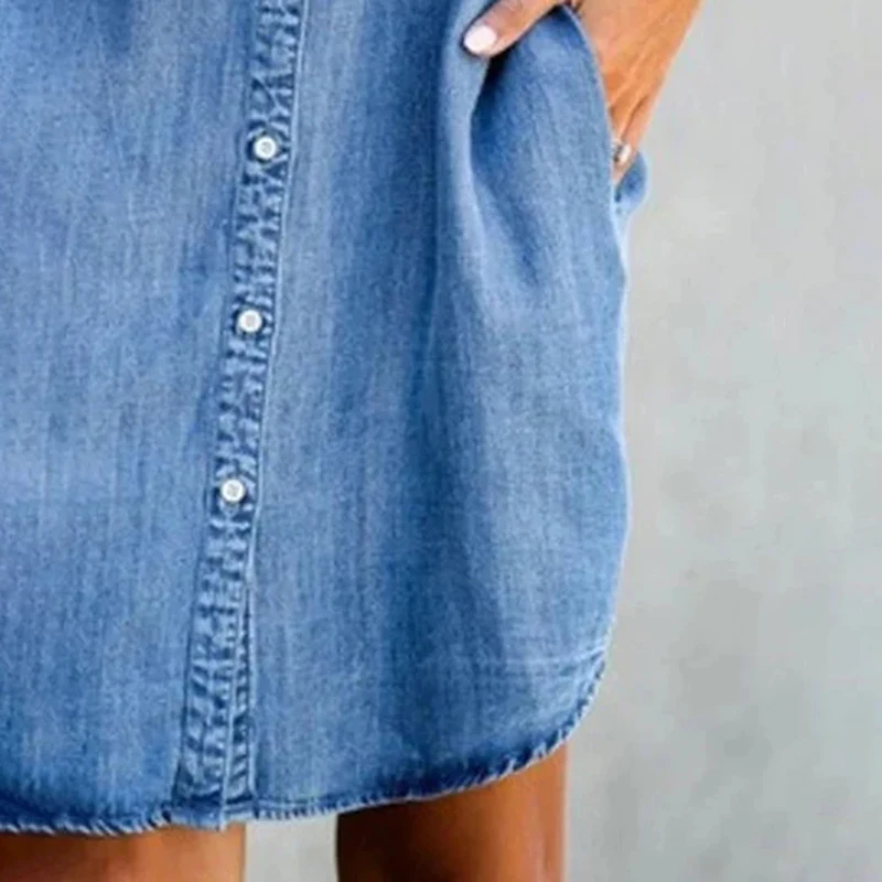 

Women's Summer Fashion Solid Turn Down Neck Blue Jeans Denim Shirt Dress Short Sleeve Pockets Single-breasted Women's Mini Dress