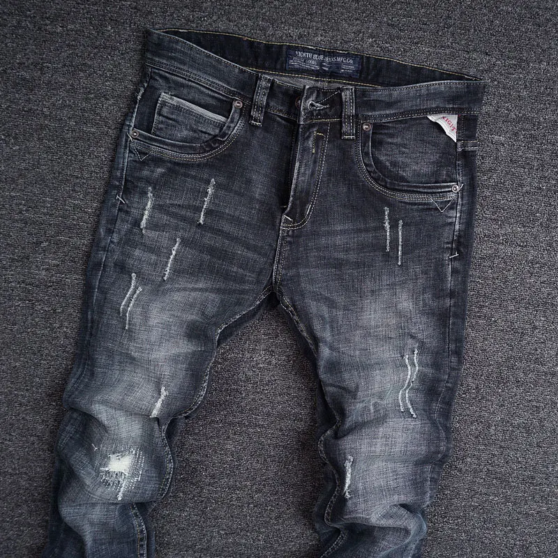 European Vintage Fashion Men Jeans Retro Black Blue Elastic Slim Ripped Jeans Men Patchwork Scratch Designer Casual Denim Pants