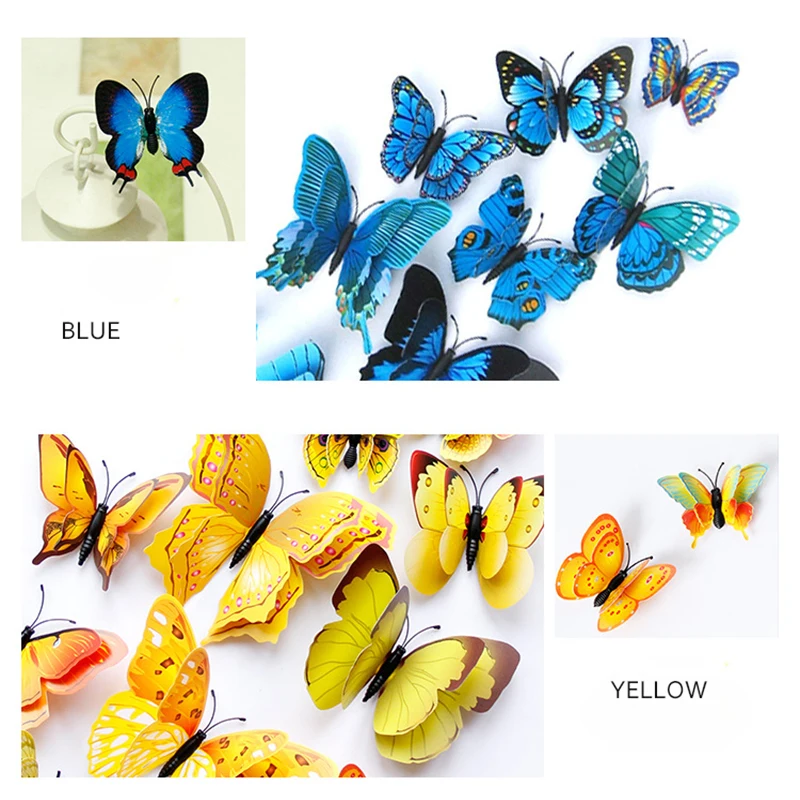 

12pcs sets Multicolor Double Layer 3D Butterfly Wall Sticker Magnet PVC Butterflies Party Kids Bedroom Fridge Decoration supply