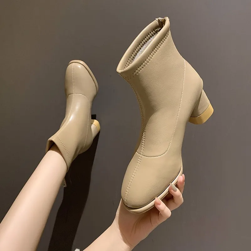 

High Thick Heels Women Ankle Boot Female Square Toe Zip Ladies Pu Casual Shoes Autumn Winter Boots 2021 Big