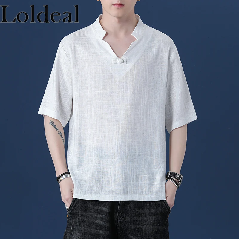 

Loldeal Men T-shirt Half Sleeve Solid Color Cotton and Linen Soft Solid Color V-neck