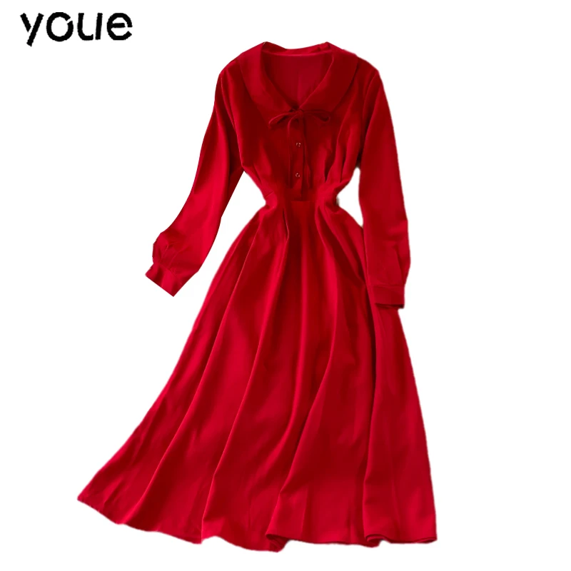 

Autumn Vintage Black/Red Midi Party Dress For Women Peter Pan Collar Long Sleeve Single Breasted A-Line Casual Vestidos 2021 New