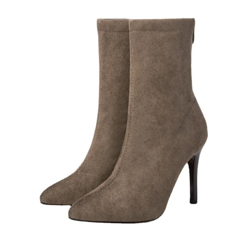 

Women's Pointed Middle High-heeled Bare Boots Winter New Suede Versatile Short Elastic Boots Women Pumps Boots