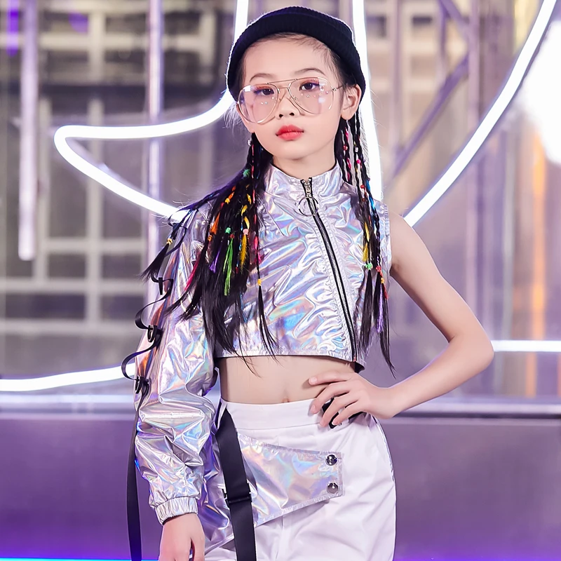 

2020 Ballroom Hip Hop Dancing Clothes For Kids Silver Single Sleeve Top Hiphop Pants Suit Girls Jazz Street Dance Wear T455