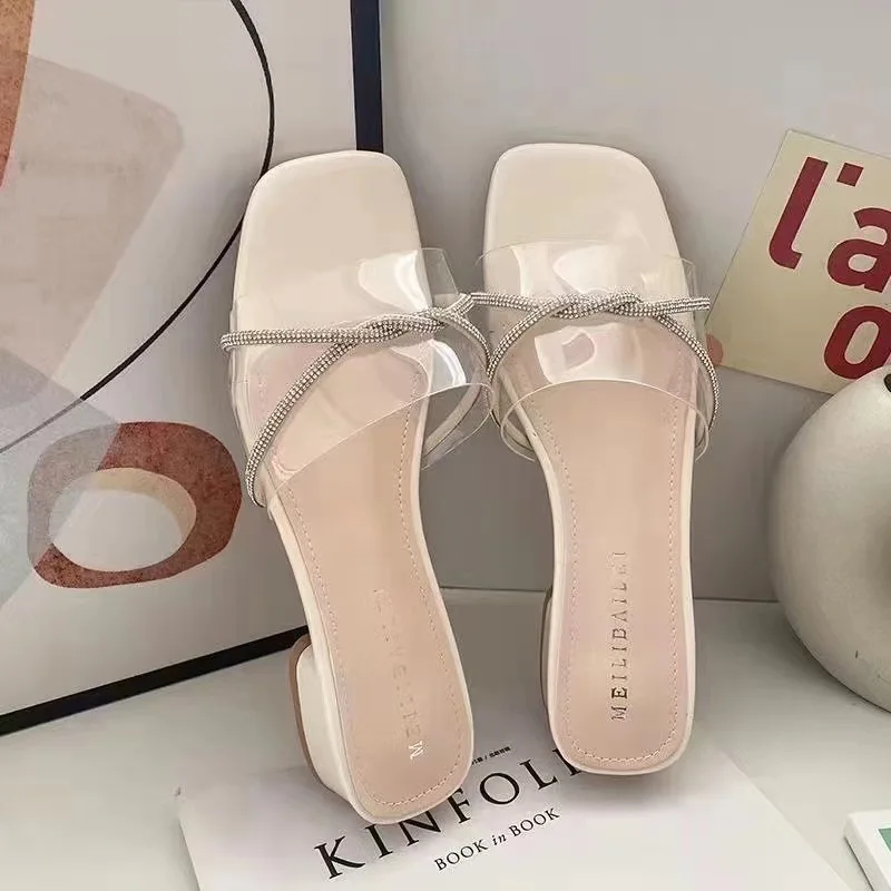 

New fashion rhinestone low heel outer slippers shoes women summer slippers women