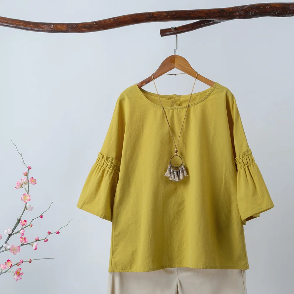

Летняя женская блузка с оборками, расклешенными рукавами, льняные хлопковые свободные топы с пуговицами сзади, винтажная рубашка с круглым ...