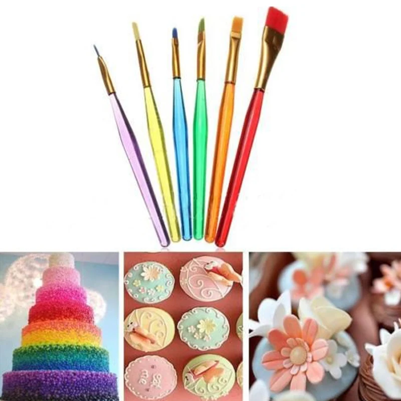 6 Pcs/ Set Multi-color Candy Cake Icing Decor Paint Brushes Set Bakeware Kit Tools Cream toner