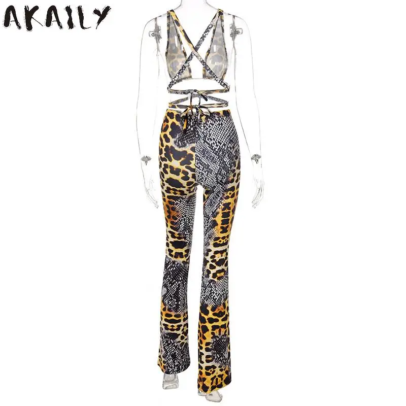 

Akaily Summer Sexy Leopard Print 2 Two Piece Sets Womens Clubwear Outfits 2021 Hollow Out Straps Crop Top Long Pants Sets Female