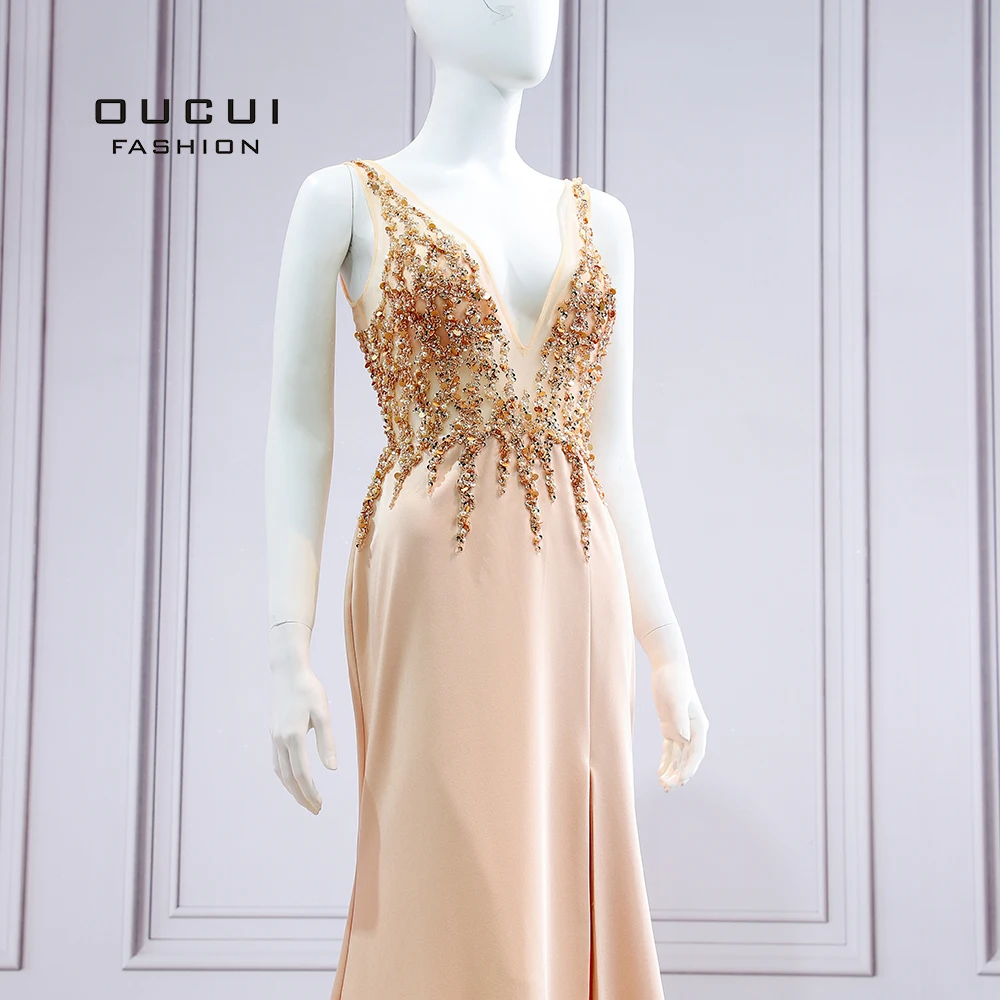 Трапециевидные Длинные вечерние платья Robe De Soiree с v-образным вырезом на спине со шлейфом со стразами без рукавов вечерние платья OL103541