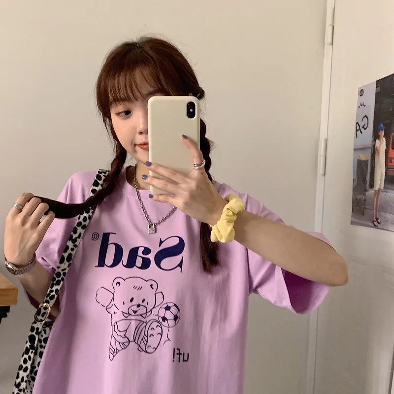 

Houthion Loose Plus Size Women's T-shirt New Leisure Top Fashion Short Sleeve T Shirt Bear Print O-neck Tshirt Summer