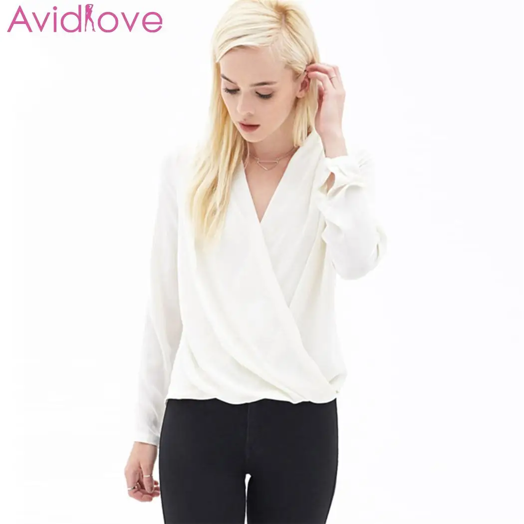 Женская модная повседневная однотонная белая Повседневная рубашка с v-образным