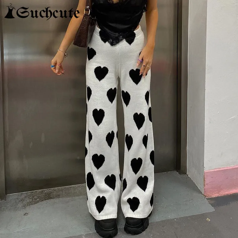 

SUCHCUTE Streetwear Heart Print Women's Wide Leg Pants Gothic Casual Loose Knitted Trousers For Female Harajuku Capris 2021