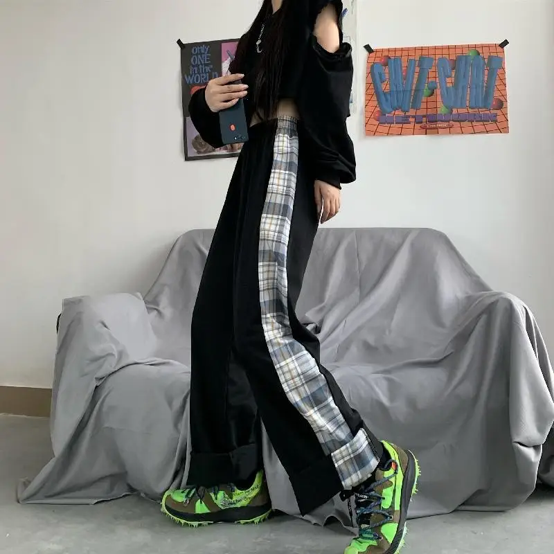 

HOUZHOU Korean Style Patchwork Sweatpants Women Harajuku Streetwear Gray Sports Pants 2021 Fashion Joker Wide Leg Loose Pants