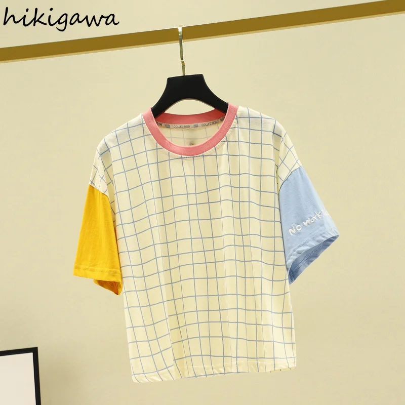 

Hikigawa Woman Tshirts Summer Harajuku O Neck Short Sleeve Plaid Straight T-shirt Korean Versatile Casual Sweet Pullover Tshirt