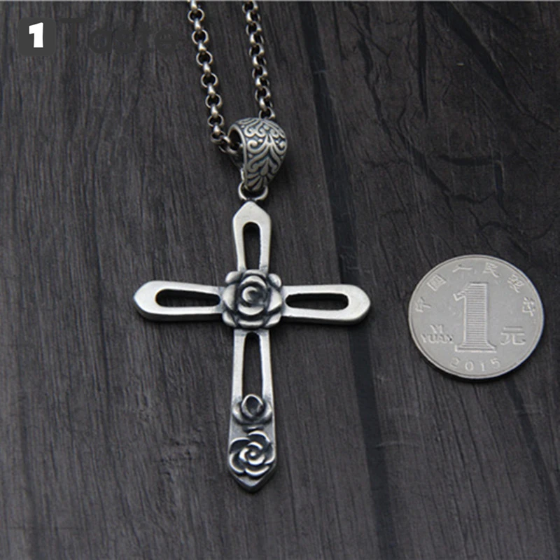 

ONE TASTE 990 Sterling Thai Silver Rose Cross Men's Pendant Fine Jewelry Simple Trendy Hiphop Necklace Pendant Without Chain