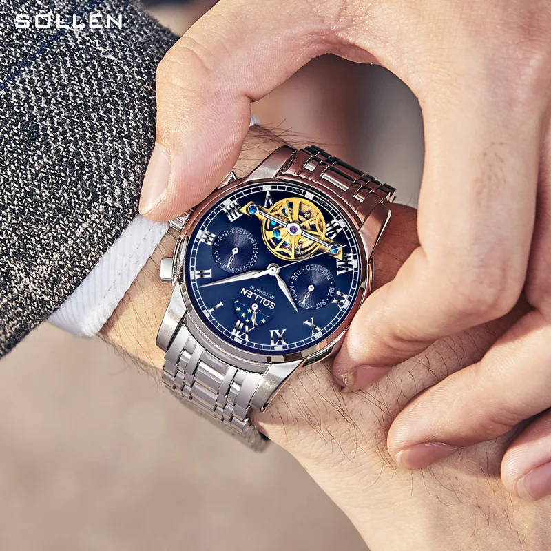 SOLLEN Скелет Tourbillon фазы Луны часы Нержавеющая сталь Водонепроницаемый светящиеся