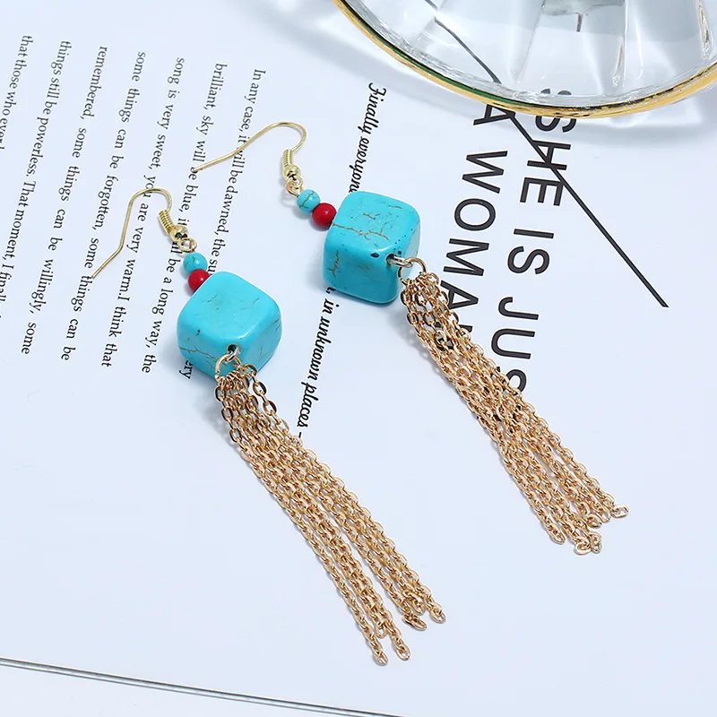 Женские длинные висячие серьги с кисточками квадратные золотистые из