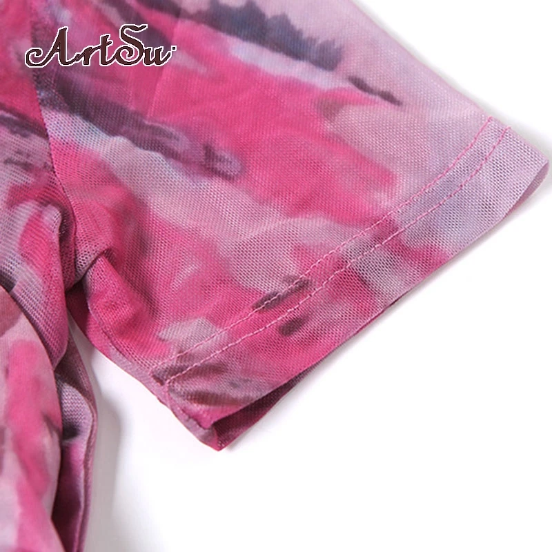 

Artsu 2021 Summer Tie Dye Print Bodycon Dress Women Mesh Sexy Midi Short Sleeve Hollow Out See Through Beach Dresses ASDR83040