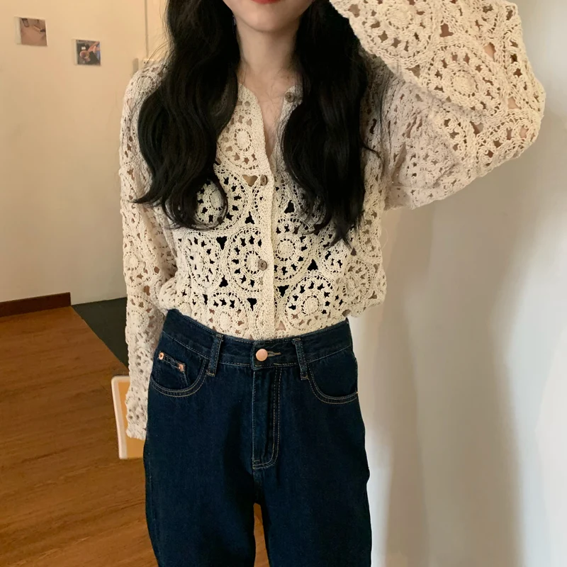 Женский свитер Новинка лета 2020 пористый вязаный крючком однобортный Кардиган с
