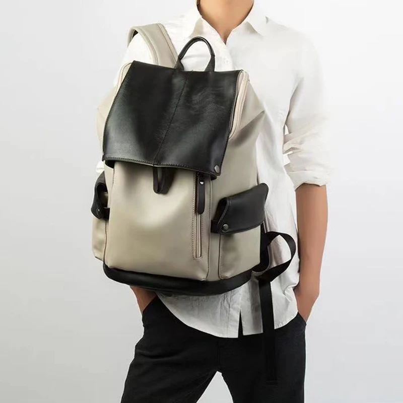 

2021 new backpack men's bag backpack PU leather trend large-capacity school bag computer bag leisure travel bag