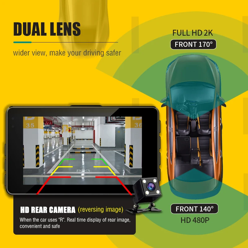 $51.88 Asawin A12 Dual Lens Dash Cam 2K FHD Car Dvr Driving Recorder 3 In IPS  170° Wide Angle, WDR, Double cameras Car Camera